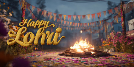 People celebrate Lohri with a festive bonfire surrounded by colorful flower arrangements, creating a joyful atmosphere during the evening festivities.の素材