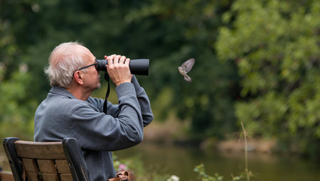 A senior man sits on a bench, using binoculars to watch a small bird flying nearby. The scene is peaceful, surrounded by lush greenery and a calm body of water.の素材