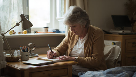 An elderly woman sits at a wooden table in a cozy room, writing thoughtfully in a notebook. Soft light filters through the window, creating a warm atmosphere. AI Generativeの素材