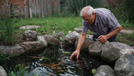 An elderly man gently reaches into a garden pond filled with koi fish and water lilies. Surrounded by lush greenery, he enjoys a tranquil moment outdoors.の素材