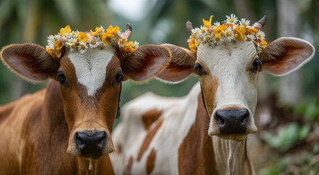 Two brown and white cows adorned with flower crowns stand closely together in a vibrant green field under clear blue skies.の素材