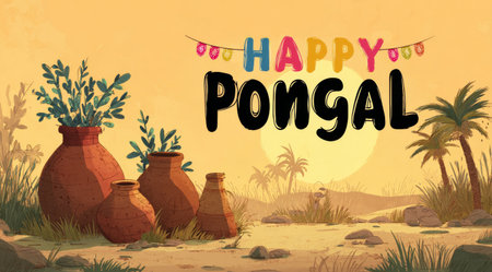 Colorful decorations announce Pongal in a warm landscape featuring traditional clay pots and palm trees at sunset, capturing the festive spirit and cultural significance of the festival.の素材
