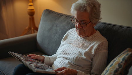 An elderly woman sits comfortably on a sofa, looking through a photo album. She wears a gray sweater and appears focused while reminiscing in a softly lit room. AI Generativeの素材
