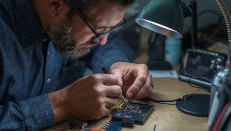A focused engineer diligently repairs a circuit board in a cozy workshop. The warm light from a desk lamp highlights the intricate components.の素材