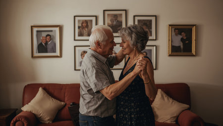 A happy senior couple shares a dance in their living room filled with warm lighting. Family portraits adorn the walls, creating a loving environment during evening moments.の素材