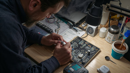 A focused engineer diligently repairs a circuit board in a cozy workshop. The warm light from a desk lamp highlights the intricate components. AI Generativeの素材