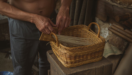 Skilled artisan weaves a basket using natural fibers in a cozy workshop filled with handcrafted items and tools. The process highlights cultural craftsmanship and artistic tradition. AI Generativeの素材
