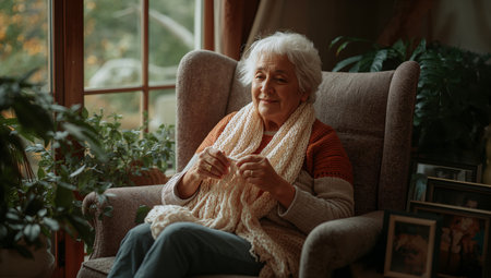 A senior woman sits in a comfortable chair, focused on knitting a piece of fabric. AI Generativeの素材