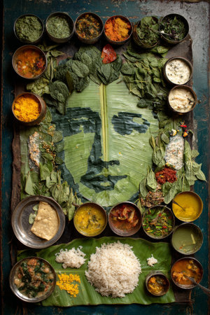 A vibrant display of various dishes and ingredients is artistically arranged on a banana leaf, showing the rich culinary heritage of India.の素材