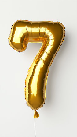 A shiny gold balloon shaped like the number seven floats against a simple background, adding a festive touch. Perfect for birthdays and celebrations, it brings joy to any event.の素材