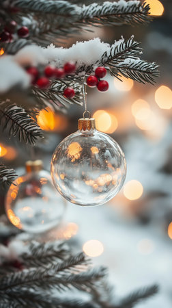 Clear glass ornaments dangle from evergreen branches covered with snow. Soft glowing lights create a warm atmosphere, enhancing the festive holiday spirit in the evening.の素材