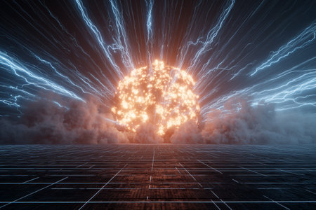 A vibrant explosion of light and energy occurs above a dark surface, surrounded by wisps of cloud and streaks of electricity. It creates a dramatic and intense atmosphere.の素材