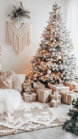 Soft white decorations fill a cozy living room. A beautifully adorned Christmas tree stands tall, surrounded by neatly wrapped gifts. Warm lights create a festive atmosphere.の素材