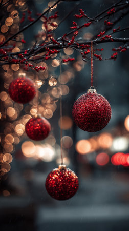 Red glittering ornaments dangle from branches while warm lights twinkle in the background, creating a magical holiday atmosphere at night.の素材