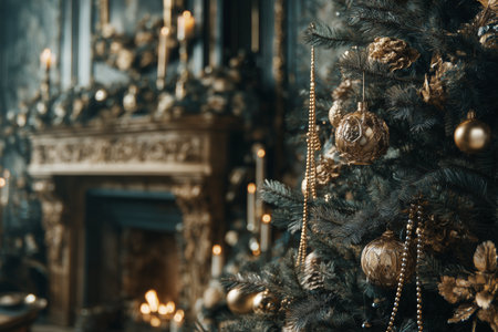 A beautifully decorated Christmas tree features golden ornaments and delicate beads, creating a warm atmosphere in a stylish living room with a glowing fireplace.の素材