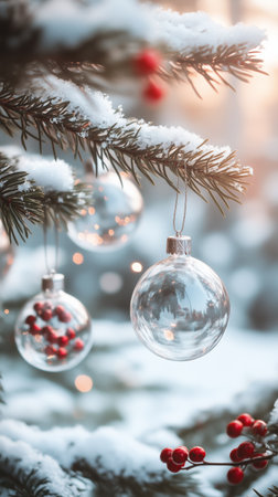 Delicate glass ornaments hang from green pine branches covered in snow, creating a serene winter scene with soft lights glowing in the background.の素材