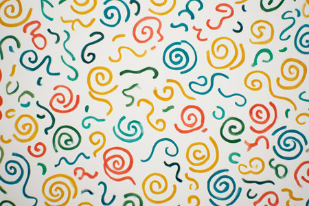 Fun and vibrant swirl patterns in multiple colors are scattered across a clean white background, perfect for crafts, artwork, or graphic designs. This playful design sparks creativity.の素材