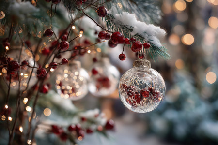 Ornaments made of glass hang from frosted branches, enhancing the winter atmosphere. Red berries add charm, creating a warm and festive scene perfect for holiday gatherings.の素材