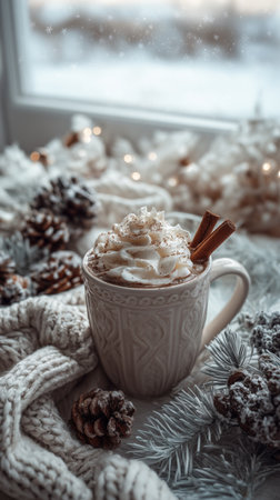 A warm drink topped with whipped cream and cinnamon sticks sits in a cozy mug. The scene features pinecones and soft decorations, perfect for winter days.の素材