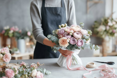 A florist skillfully holds a bouquet of soft pink roses mixed with leafy greenery in a cozy flower shop. The warm lighting enhances the cheerful atmosphere of the workspace.の素材