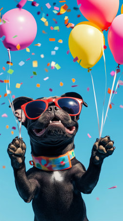 A joyful dog wearing sunglasses holds balloons in its paws while colorful confetti falls around it on a sunny day. The dog exudes happiness and excitement during the celebration.の素材