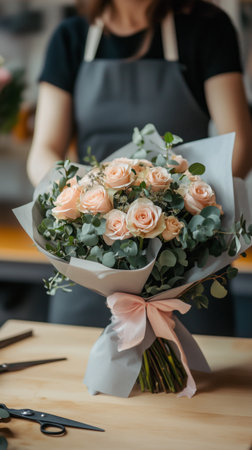 A skilled florist arranges a stunning bouquet of pink roses and eucalyptus at a workspace. Soft light fills the shop, enhancing the lovely floral display.の素材