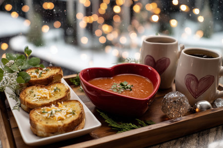 A warm platter features grilled cheese sandwich and rich tomato soup with herbs, set against a festive background of twinkling lights and snowflakes.の素材