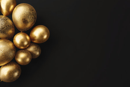 A cluster of golden balloons with unique patterns is displayed against a dark background. This setup is perfect for special occasions and festive events.の素材