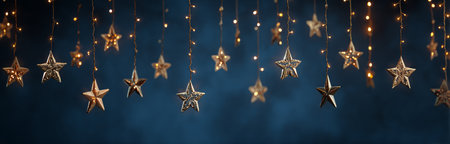 Decorative stars and warm lights hang above a dark background, creating a whimsical and enchanting scene perfect for celebrations or cozy gatherings.の素材