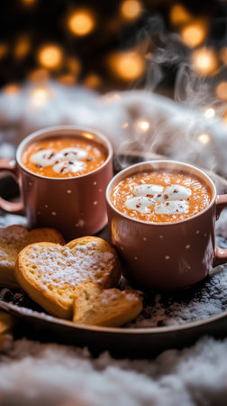 Two red mugs filled with hot beverage sit on a tray next to heart-shaped pastries. Soft winter decorations and lights create a warm, inviting atmosphere for relaxation.の素材