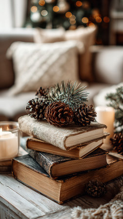 Vintage books stacked on a table are adorned with pine cones and greenery, creating a cozy winter atmosphere beside warm candles and soft furnishings in a living room.の素材