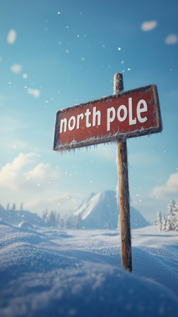 A red sign labeled North Pole stands tall in a snowy terrain. The sky is blue with twinkling stars, creating a calm evening atmosphere in this remote location.の素材