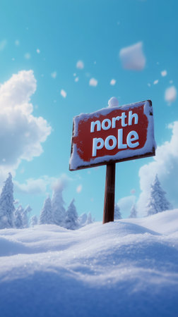 A vibrant winter landscape features a North Pole sign surrounded by thick snow and tall evergreen trees, with a clear blue sky and fluffy clouds above.の素材