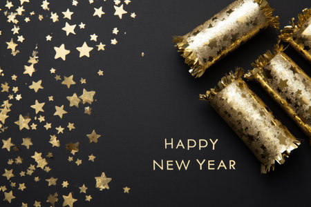 Golden party crackers and star confetti are arranged on a black surface, creating a festive atmosphere for New Year celebrations, highlighting joy and excitement for the upcoming year.の素材