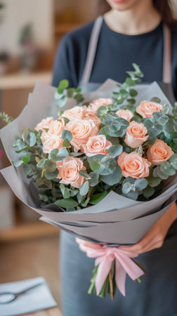 A florist presents a stunning bouquet of light pink roses and green eucalyptus in a charming shop. Soft light highlights the arrangement, creating a warm atmosphere.の素材