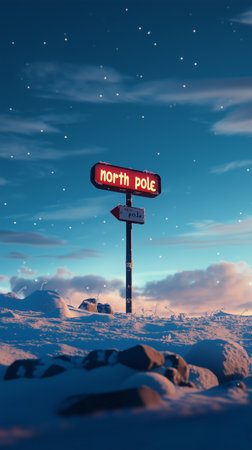 A red sign labeled North Pole stands tall in a snowy terrain. The sky is blue with twinkling stars, creating a calm evening atmosphere in this remote location.の素材