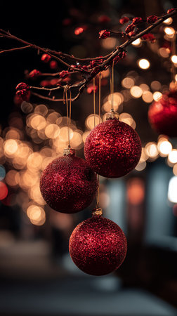 Red glittering ornaments dangle from branches while warm lights twinkle in the background, creating a magical holiday atmosphere at night.の素材