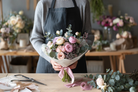 A florist stands behind a wooden table, holding a beautiful bouquet of roses and eucalyptus. The shop has a warm ambiance with soft lighting and floral arrangements around.の素材