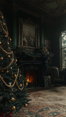 A festive living room features a beautifully decorated Christmas tree beside a cozy fireplace. Warm light glows from the fire, creating a welcoming holiday atmosphere on a winter evening.の素材