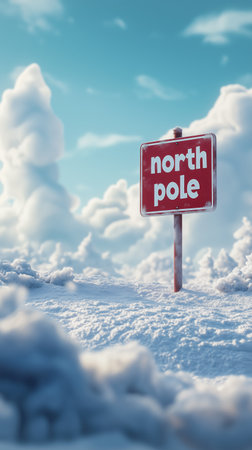 A vibrant winter landscape features a North Pole sign surrounded by thick snow and tall evergreen trees, with a clear blue sky and fluffy clouds above.の素材