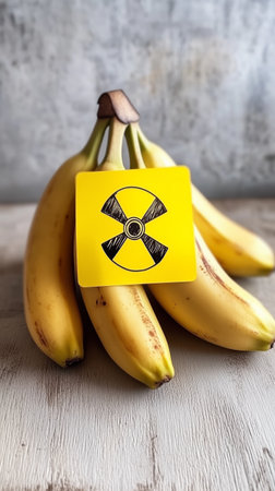 Bananas are grouped on a wooden surface, with a bright yellow warning sign attached, creating a playful yet curious ambiance in a cozy kitchen environment.の素材