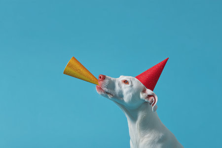 A playful white dog wears a red party hat and holds a yellow noisemaker in its mouth. The cheerful scene takes place against a bright blue background, adding to the festive mood.の素材