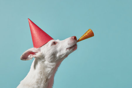 A joyful white dog wears a red party hat while holding a shiny yellow noisemaker in its mouth. The background is a cheerful blue, enhancing the festive atmosphere.の素材