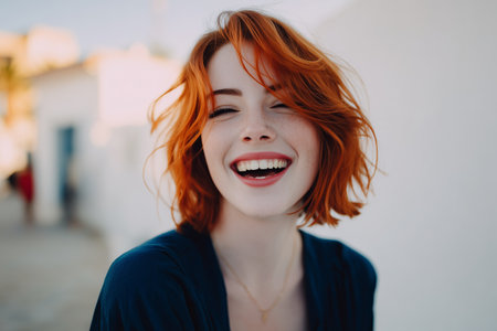 Young woman with vibrant red hair laughs joyfully while standing outdoors on a sunny day. The urban background enhances her cheerful expression and lively spirit.の素材