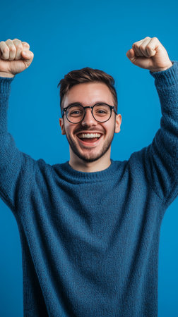 A young man with glasses raises his arms in excitement, wearing a cozy blue sweater. His joyful expression adds to the bright atmosphere created by the blue backdrop.の素材