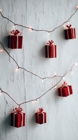 Bright red gift boxes hang from a white wall, adorned with twinkling lights, creating a joyful atmosphere perfect for holiday celebrations.の素材