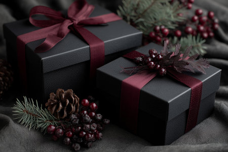 Several black and burgundy wrapped gifts are adorned with lush ribbons and vibrant greenery, creating a festive atmosphere on the rustic wooden surface.の素材
