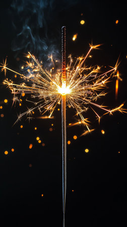 A sparkler lights up the dark night sky, sending bright sparks flying in all directions, creating a festive atmosphere for a joyful celebration.の素材