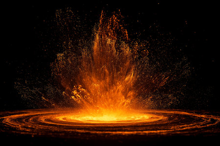 A vivid orange explosion erupts from the center, creating dynamic sparks that illuminate the dark surroundings, showing the intense energy and motion of the scene.の素材