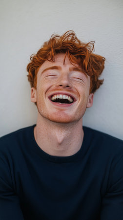 A young man with vibrant curly red hair shares a joyful laugh, showing his bright smile. He leans against a white wall, radiating happiness in the warm light of day.の素材